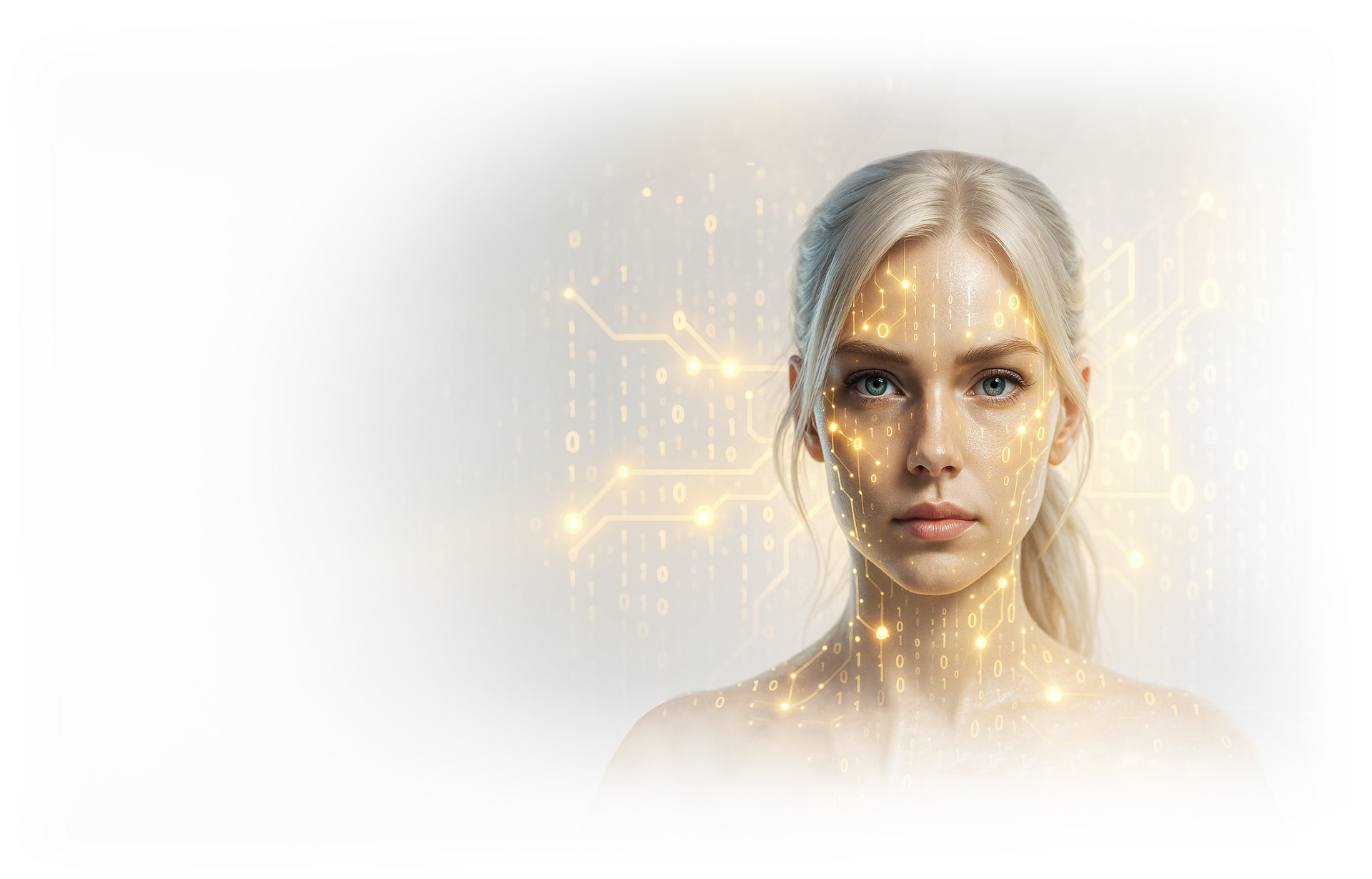 Futuristic digital female avatar with golden data patterns and digital nodes, symbolizing advanced digital technology, blockchain innovation, and secure digital financial infrastructure. Same as the Royal Stavblecoins and RCCG Ecosystem.